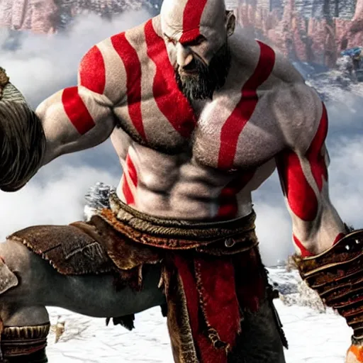Prompt: kratos from god of war high fiving gus fring