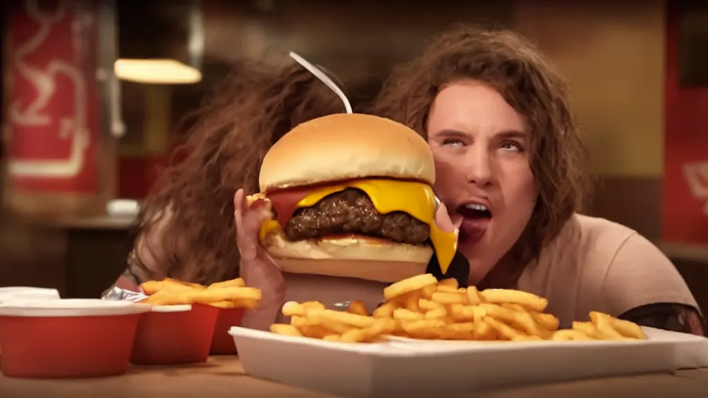 Image similar to the strange creature eats a cheeseburger, at the fast food restaurant, television commercial, directed by david cronenberg studio lighting, extremely professional