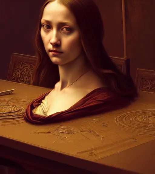 Image similar to portrait of a crisis sitting upon a table with heightened detail, poised, intense emotion, detailed facial expression, detailed surroundings, intricate, elegant, highly detailed, centered, digital painting, artstation, concept art, smooth, sharp focus, illustration, by ( leonardo da vinci ), wlop