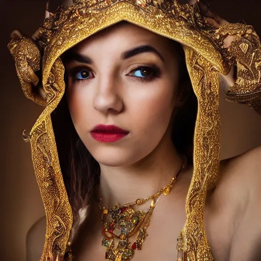 Prompt: a beautiful young female wizard dressed in ornate robes wearing sparkling gold jewelry