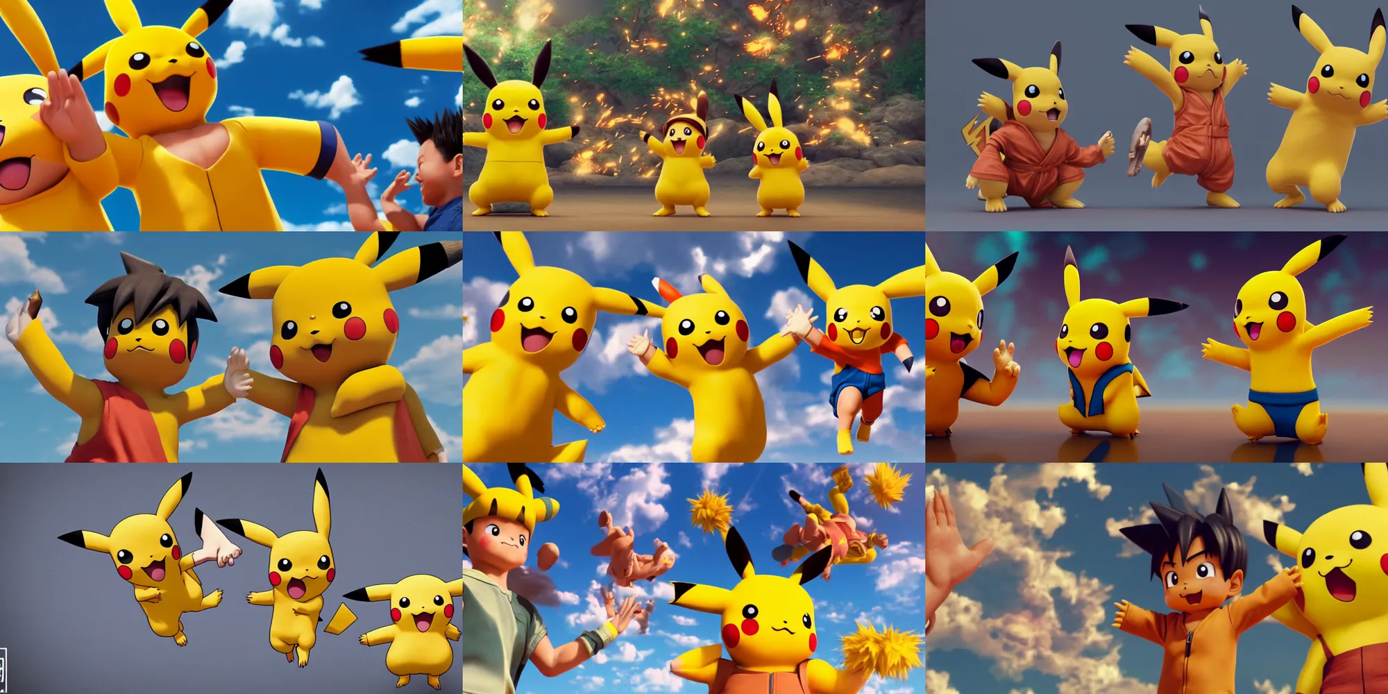 Image similar to Pikachu doing a high five to Son Goku, HD, octane render, intricate details