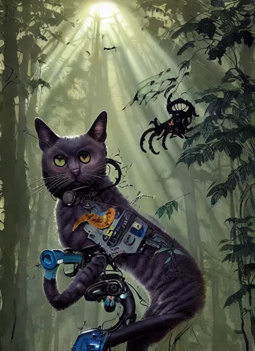 Image similar to a hyper realistic ink cat alien technology and sunbeams blue sky, lush forest foliage painting by chiara bautista and norman rockwell and greg rutkowski weta studio, and lucasfilm