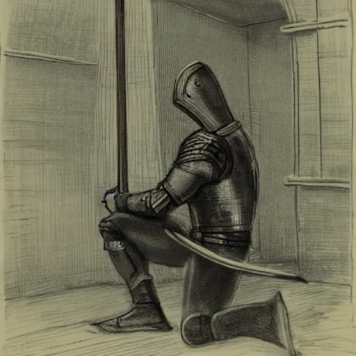 Image similar to A pale young man stands kneeling inside a prison cell. Clad in shining armor prays to a God others would have long abandoned. Sunshine lightly grazes his cheeks as he prays, his broken spear used as a cross to focus on. The knight's expression is sad, pensive, but resolute, decisive and stubborn. Portrait.