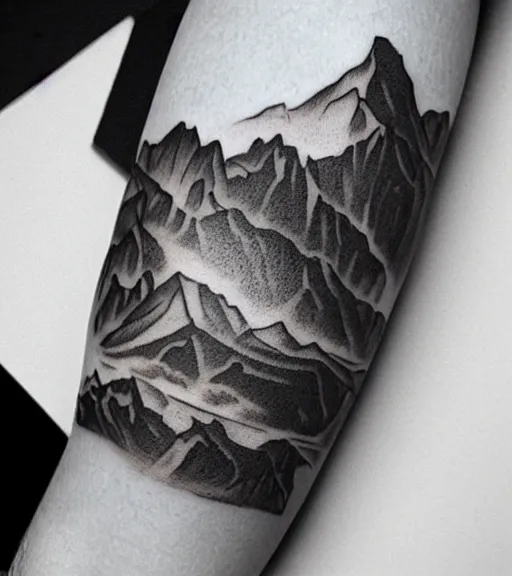 Image similar to tattoo design sketch of a beautiful girl with, faded mountain background, in the style of den yakovlev, black and white, realism tattoo, hyper realistic, highly detailed