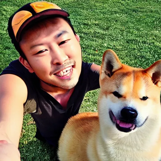 Image similar to a photo selfie of shiba inu and duck, best friends
