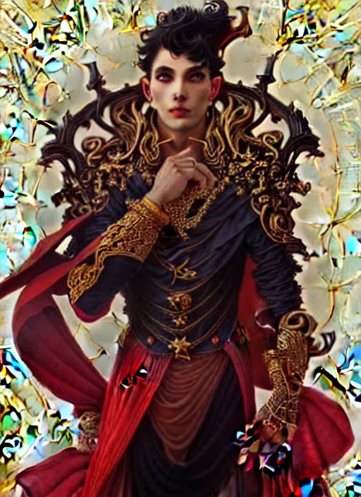 Prompt: beautiful prince, male, black and red clothes, gold details, high fantasy, highly detailed, intricate, smooth, art by anato finnstark, joseph leyendecker, peter mohrbacher, ruan jia, marc simonetti, ayami kojima, cedric peyravernay, finnian macmanus, alphonse mucha, victo ngai