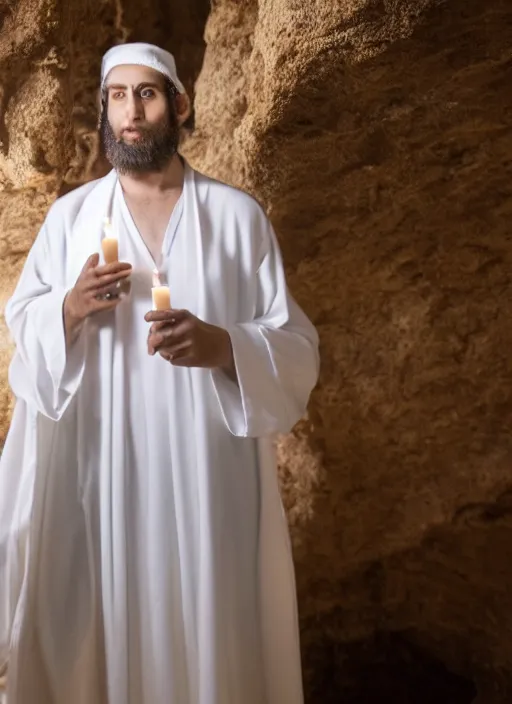 Image similar to photograph of a jewish prophet in his 3 0 s wearing a white robe, cinematic, epic framing, closeup, dslr, spiritual, candle lit cave background