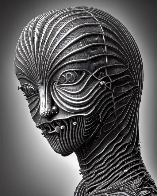 Image similar to mythical black and white organic bio-mechanical spinal ribbed profile face portrait detail of silver mechanical beautiful female angelic-vegetal-cyborg, highly detailed, intricate steampunk ornate, poetic, 3D render, digital art, octane render, 8K artistic photography, photo-realistic, by Dora Maar