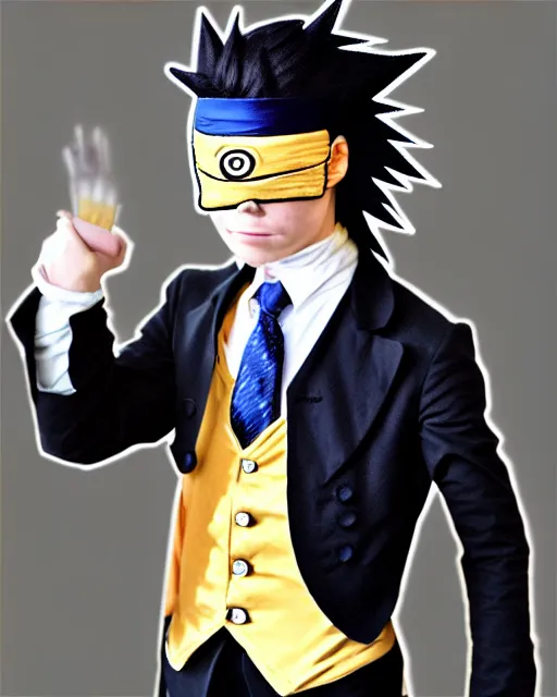 Image similar to photo realistic wide angle lens naruto anime cosplay wearing a beautiful 1 8 th century suit with a tie, rococo style, ed emshwiller style, highly detailed, very realistic, painterly style