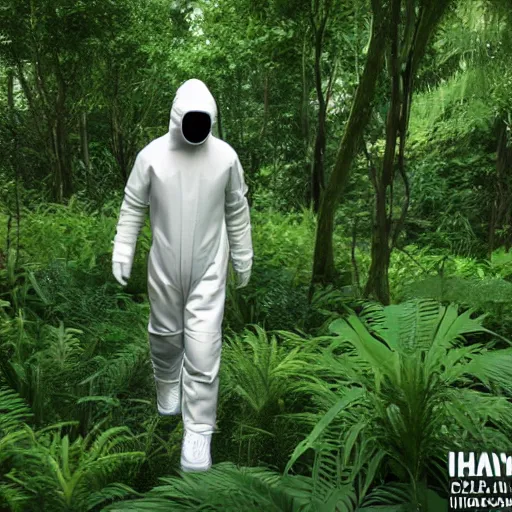 Image similar to a man wearing a hazmat suit, walking through a lush jungle, unreal engine 5, ray traced, god rays, extremely high detail