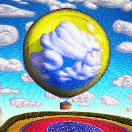 Prompt: landscape, ufo, clouds, Pencil Art, Colored Pencil, Impressionist Mosaic, Wall Decal, Signage, Wood-Carving, Balloon Modelling, Closeup, Field of View, Short Exposure, Long Exposure, 3D