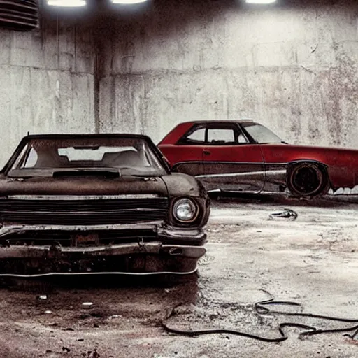 Prompt: Steven Klein photograph of derelict muscle cars parked in an underground garage with flourescent lights and wet floor