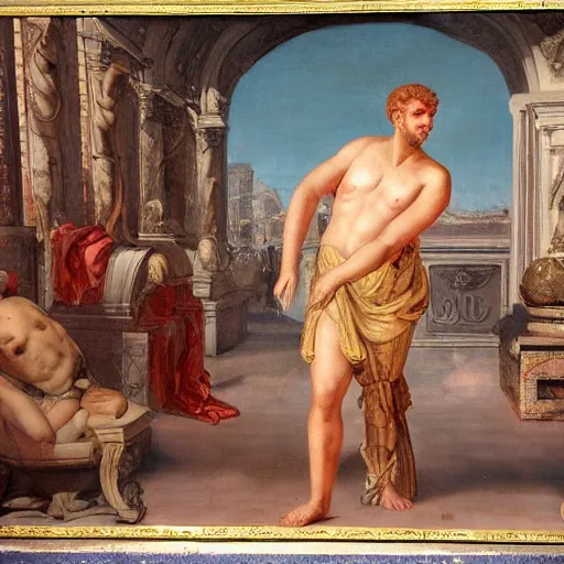 Prompt: roman style painting emperor nero on burning city smiling full body detailed allegory