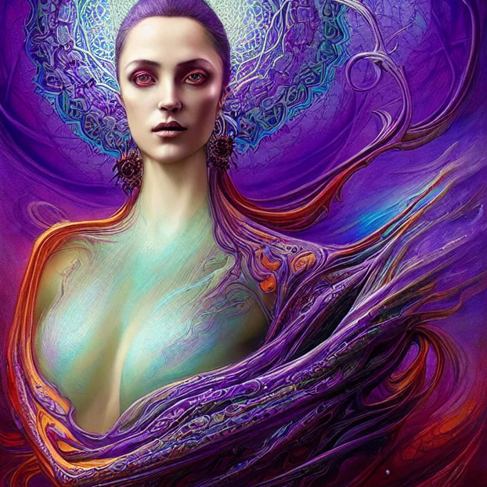 Prompt: depicting a beautiful female radiant holy cleric, in the style of h. p. lovecraft, exuberant organic elegant forms, by karol bak and filip hodas : : 1. 4 purple, red, blue, green, black intricate mandala explosions : : intuit art : : turbulent water backdrop : : damask wallpaper : : atmospheric