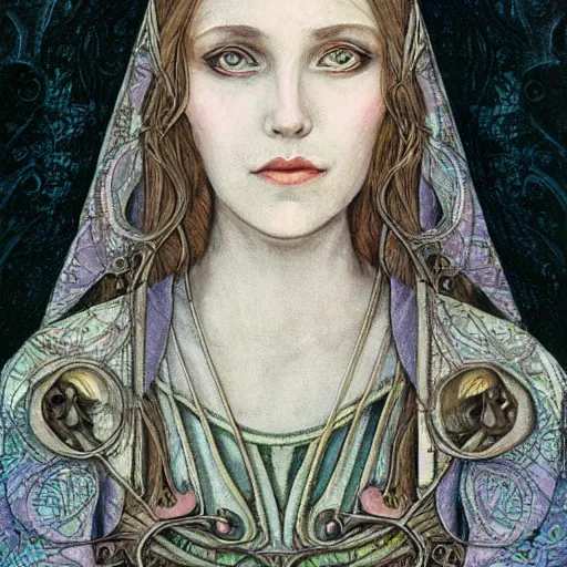 Image similar to detailed realistic beautiful young medieval queen face portrait by tony diterlizzi, art nouveau, symbolist, visionary, gothic, pre - raphaelite