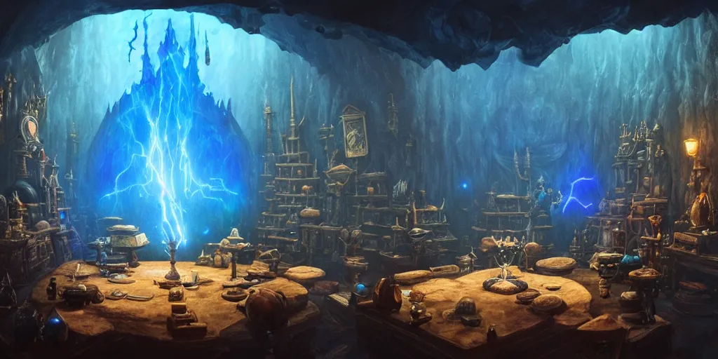 Image similar to interior of a dark wizards sanctum, blue light, cluttered with magical objects, spell books, potions, dramatic lighting, epic composition, wide angle, by miyazaki, nausicaa ghibli, breath of the wild