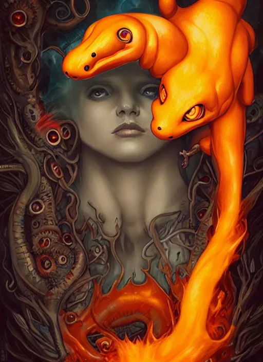 Prompt: Lovecraftian Charmander portrait by Tristan Eaton_Stanley Artgerm and Tom Bagshaw,