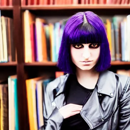 Prompt: 1 7 - year - old pale - skinned persian girl with black long bob cut, black gothic jacket, purple eyes, psychic girl, in a gloomy library