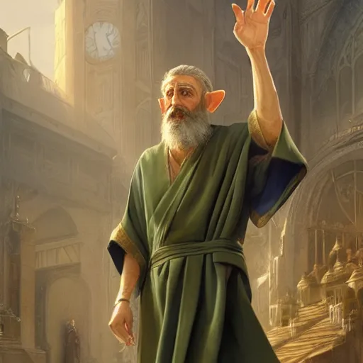 Image similar to A middle aged elf, wrinkled olive skin and a raised hand, long beard, blue robes with clocks on, detailed face, highly detailed, cinematic lighting, digital art painting by greg rutkowski.