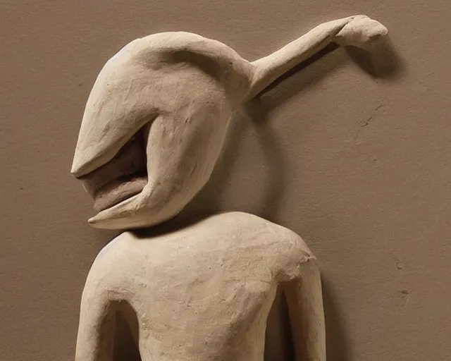 Prompt: an ancient effigy of an anthromorphic bird, clay sculpture, cubism, photograph, zoomed out