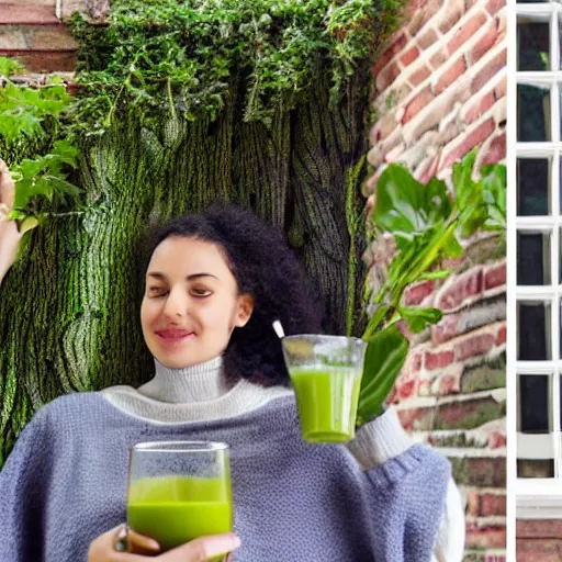 Prompt: knitted blankets women drinking green juice in front of window with a courtyard in the background