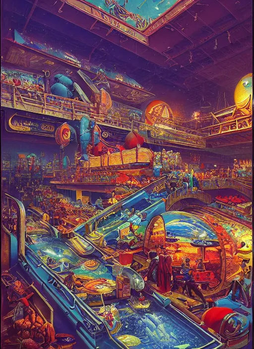 Prompt: vast shopping mall vintage shapes, retro technology, happy colors dariusz zawadzki, tim hildebrandt, wayne barlow, bruce pennington, larry elmore, oil on canvas, deep depth field, masterpiece, cinematic composition, hyperdetailed