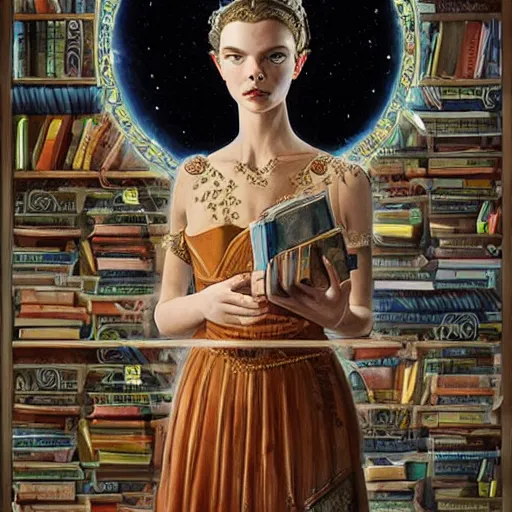 Prompt: a portrait of a older anya taylor - joy as the goddess minerva surrounded by stacks of books, bioluminescent gown with deep level of detail of esoteric symbols, urban motifs, intricate, elegant, highly detailed, digital painting, trending on artstation, concept art, smooth sharp focus, illustration, art by artgerm and greg rutkowski