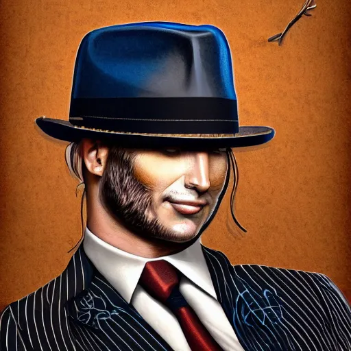 Image similar to a upper body portrait of a deer in a pinstriped suit and pants wearing a fedora with the antlers sticking out of the fedora adjusting his tie by artgerm and wlop, intricate detail, digital art, photorealistic, trending on artstation