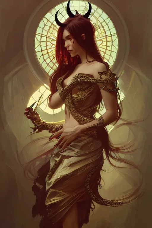 Image similar to painting of a devil, decorated, intricate, elegant, highly detailed, digital painting, artstation, concept art, smooth, sharp focus, illustration, art by artgerm and greg rutkowski and alphonse mucha, 8 k