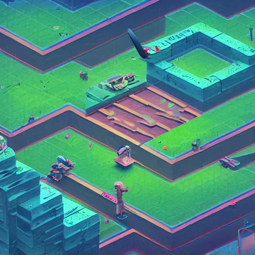 Image similar to isometric videogame landscape in the style of Simon Stålenhag and H. R. Giger, detailed, trending on Artstation