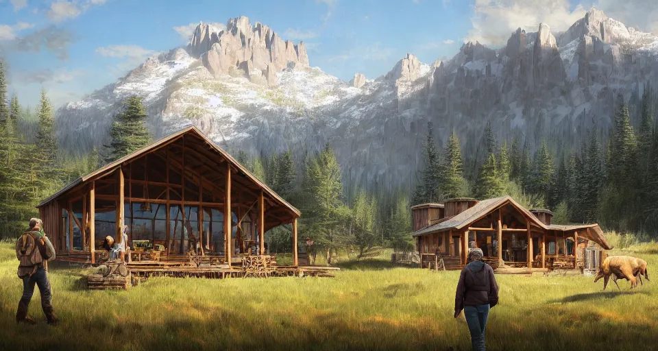 Image similar to cabela's beautiful comfortable modular pop - up insulated all terrain family dwelling, cabin,, person in foreground, mountainous forested wilderness open fields, beautiful views, painterly concept art, joanna gaines, environmental concept art, farmhouse, magnolia, concept art illustration, by james gurney, by craig mullins, by greg rutkowski trending on artstation