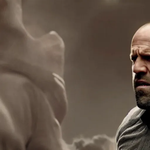 Image similar to an film still of jason statham with long white hair and long beard, cinematic, dramatic action