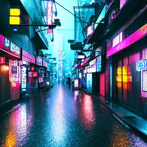 Image similar to cyberpunk Tokyo rainy street, bright neon lights, photorealistic