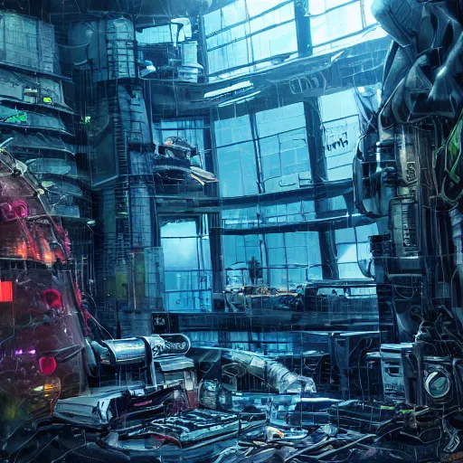 Prompt: cyberpunk scientist making cyber-rat in his hub, wide angle view, sci-fi, high definition details hyperrealistic, digital art, artstasion, deep depth of field