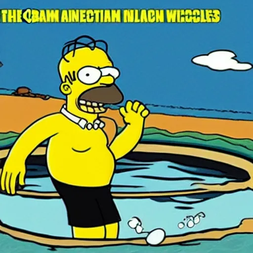 Image similar to obama swimming in nuclear waste, in the style of the simpsons