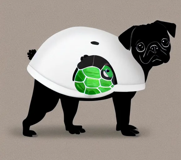Prompt: a cute black pug wearing a cute turtle outfit, digital art, colourful