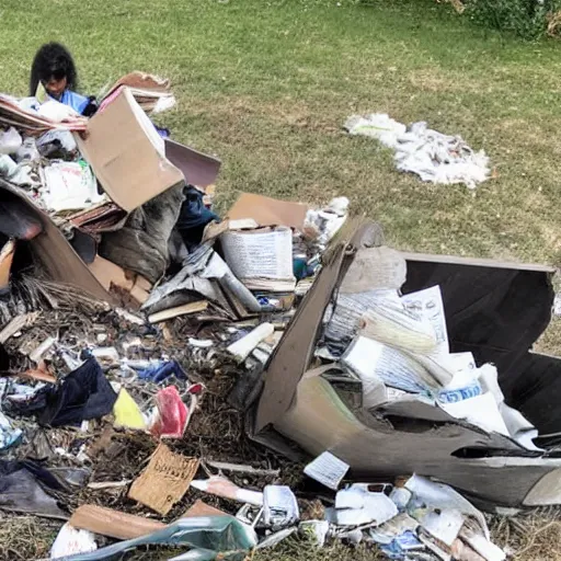 Image similar to a family of raccoon digging through a gigantic mound of trash and newspapers and junk