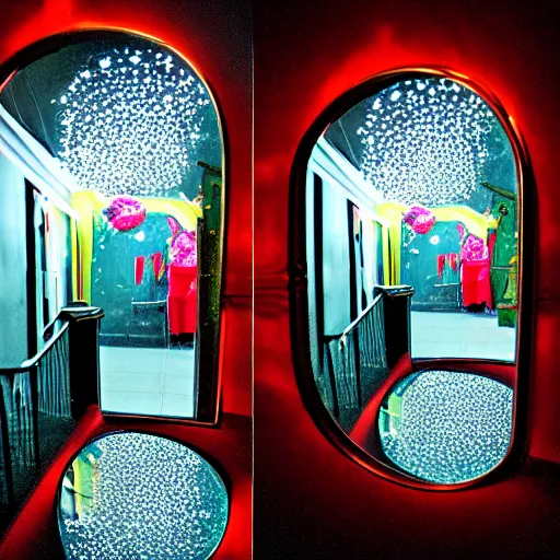 Image similar to looking inside at a fun house mirror, illuminated by florescent lights, dramatic, spooky, lighting fall off, infinite reflections