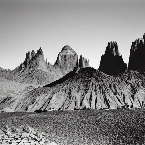 Image similar to paleozoic by ansel adams ultradetailed. a beautiful photograph of a group of people standing in a line. they are all facing the same direction & appear to be waiting for something.