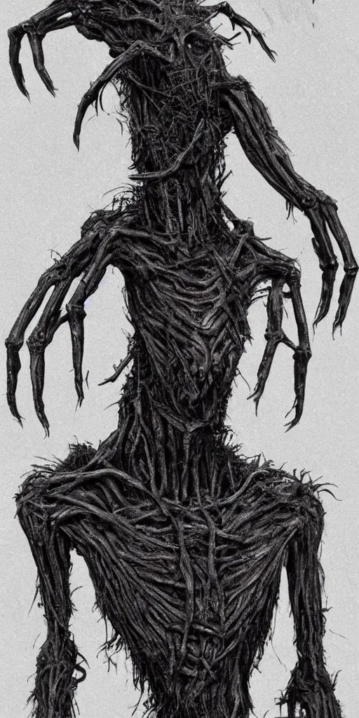 Prompt: a humanoid creature with gray skin stained with soot and rust, with long arms and claws, stooped, similar to a Dementor, with thick legs, with a wide massive neck and a small head, without eyes