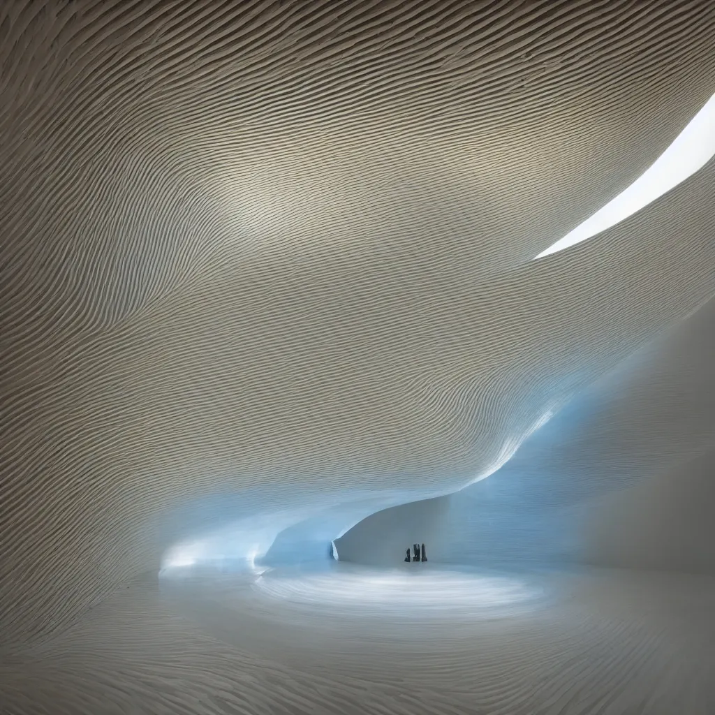 Image similar to an incredibly smooth curvilinear parametric volumetric interior architectural sculpture, a reflective golden pool on the ground is envelope by folding white surfaces, blue light, visually satisfying architecture render