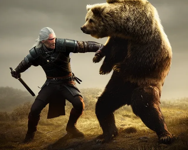 Image similar to 5 5 mm portrait photo of geralt fighting a demonic bear. magical atmosphere. art by greg rutkowski. highly detailed 8 k. intricate. lifelike. soft light. nikon d 8 5 0.