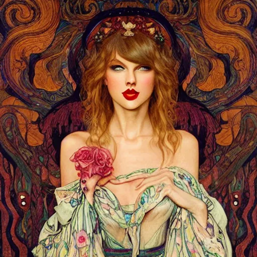 Prompt: romantic painted portrait of taylor swift by james jean!!!, mucha, klimt