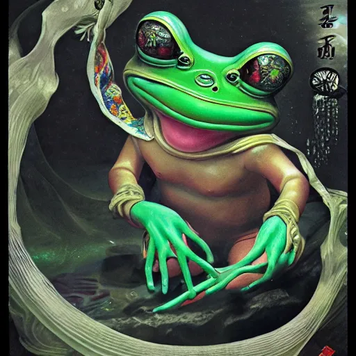 Image similar to plasticine wet shiny angles, crystal, moonlit, mirrors, camera angled dramatically, realistic hyperdetailed design of pepe the frog meme, ferocious, chinese mythology, victo nga, fumo yoshitoshi, ren jing jeong, feifei ruan, peter mohrbacher, takato yamamoto