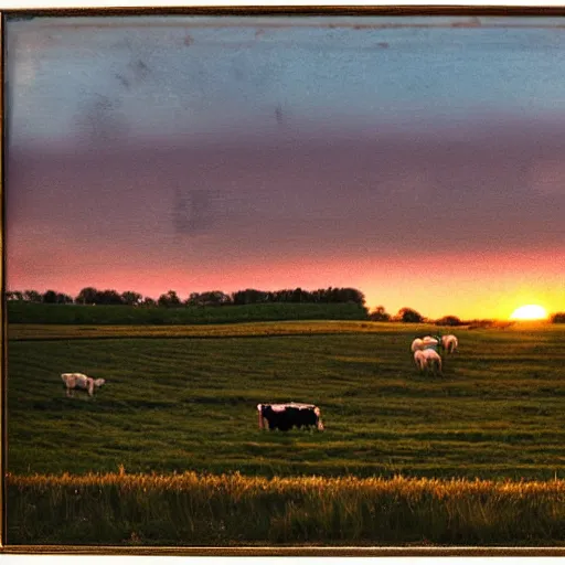 Prompt: rural landscape with fields and cows, Sunset, tilt shift