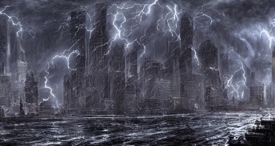 Image similar to lovecraftian eldritch!! creature!! destroying new york city, snowy, windy, by eugene von guerard, ivan shishkin, night, lightning!!, storm!, dramatic lighting, concept art, trending on artstation, 8 k