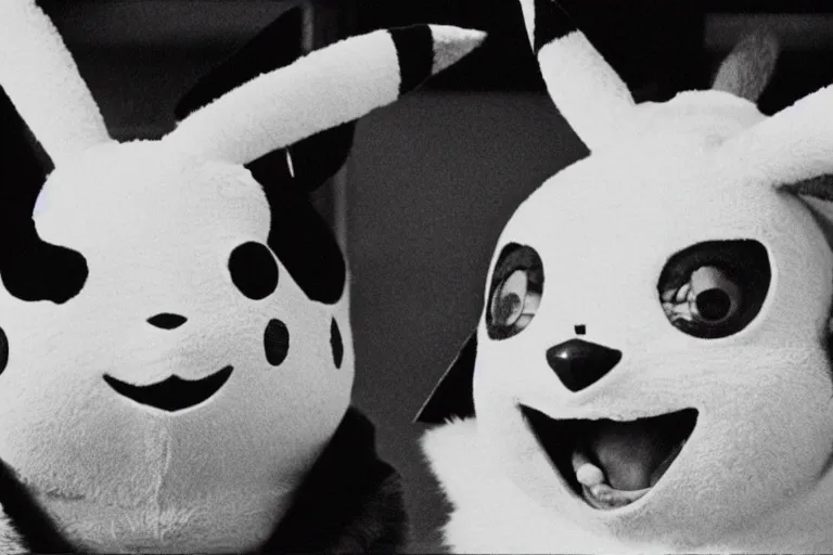 Prompt: Jack Nicholson dressed up in costume of Pikachu, still from the film by Stanley Kubrick