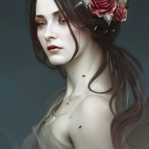 Prompt: portrait of very beautiful vampire, rose thorn crown, thorns everywhere, headshot, pale skin, 4k, rule of thirds, extreme detail, detailed drawing, trending artstation, hd, fantasy, D&D, realistic lighting, by Alphonse Mucha, Greg Rutkowski, sharp focus, backlit, bright white hair, elegant