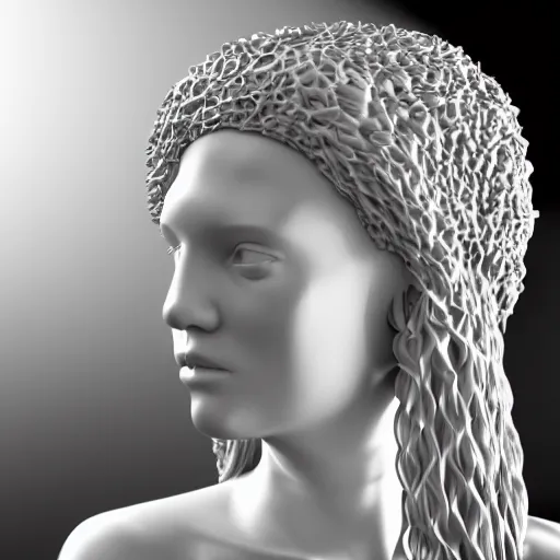 Image similar to 3 d render of a sculpture of a tall girl with long hair and a crown on her head, no colors, white and black, plastic, 4 k, 8 k, hd,