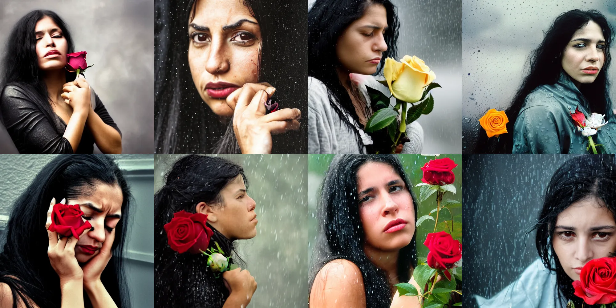 Prompt: a close - up of a young hispanic woman with long black hair clutching a small rose in the rain!!, photorealistic, crying, photo by annie leibovitz, moody